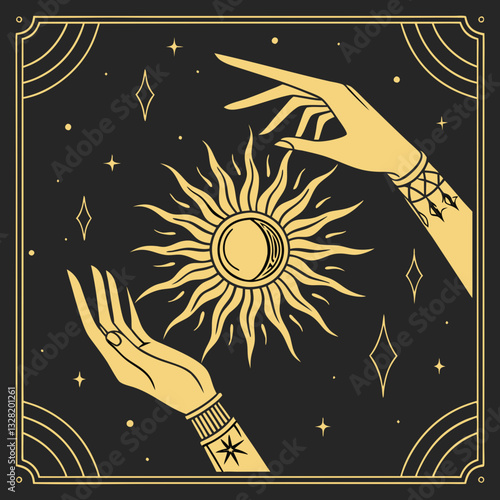 Mystical Sun with Tarot Cards and Crescent Moon, a captivating design.
