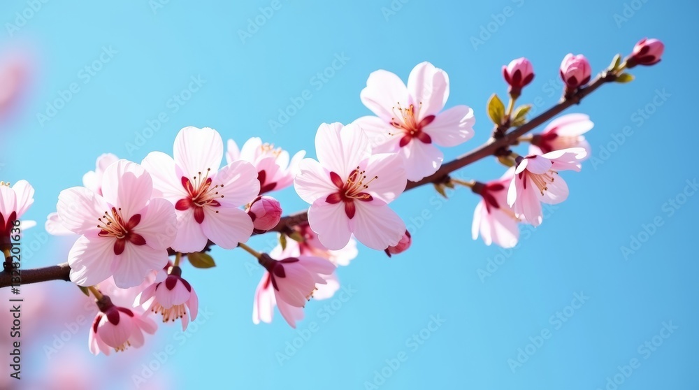 Obraz premium Delicate pink sakura blossoms blooming against a soft blue bky in bpringtime, close up