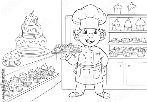 Chef Serving Cakes in Cake Shop – Detailed Pencil Sketch