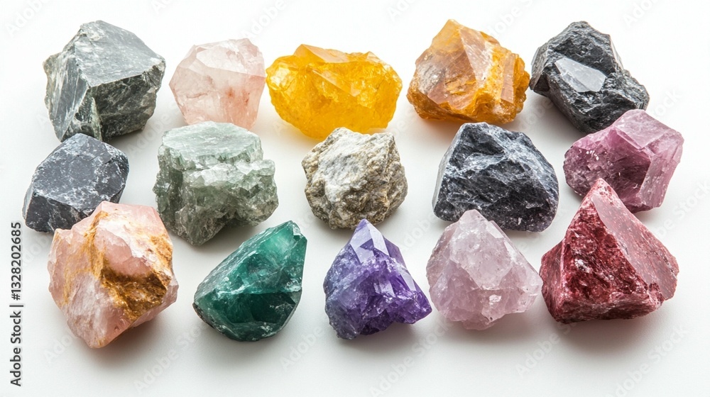 Collection of colorful rough gemstones on white background. Collection of colorful rough gemstones on white background.