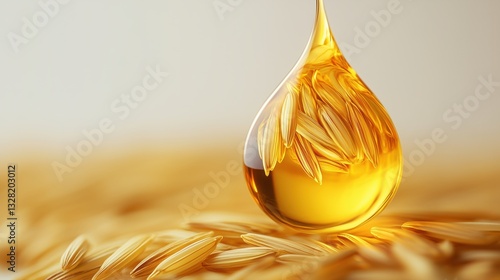 Pure rice bran oil drop with rice grains in background