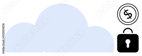 Cloud shape paired with a dollar sign and locked padlock. Ideal for technology, finance, security, privacy, digital safety, data management, modern business. Flat simple metaphor
