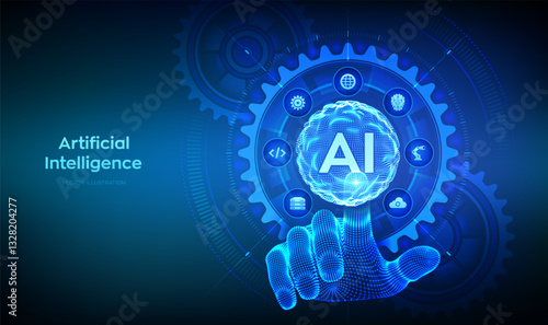 AI. Artificial Intelligence. Machine Learning Concept. Big data. Neural networks. Sphere grid wave. Wireframe hand touching digital interface with connected gears cogs and icons. Vector illustration.