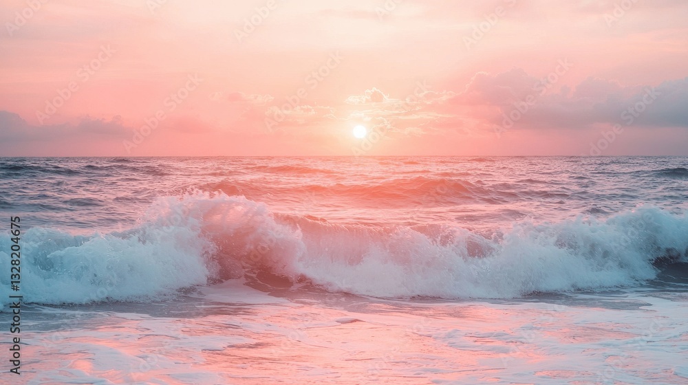Fototapeta premium A serene sunset over the ocean, with gentle waves and a pastel sky creating a tranquil atmosphere.