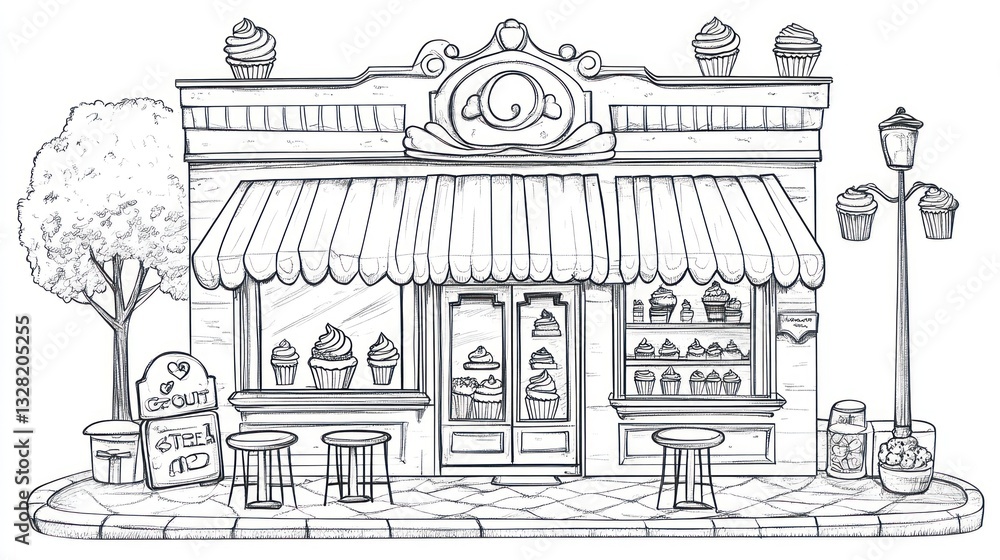 Fototapeta premium Charming cupcake shop drawing, exterior view, street scene, graphic design, possible use for coloring book or print