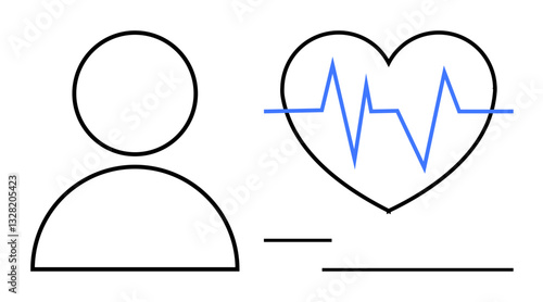 Simplified person next to blue heartbeat line within a heart. Ideal for health, wellness, fitness, diagnostics, hospital, care, medical services. Flat simple metaphor