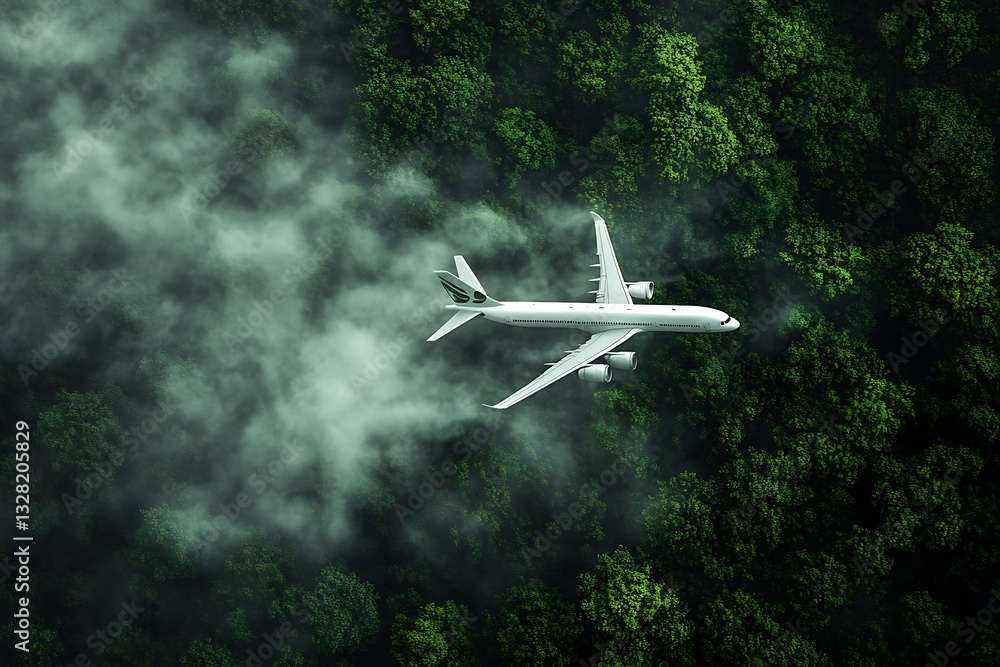 Fototapeta premium Airplane Flying Above Green Forest Clouds