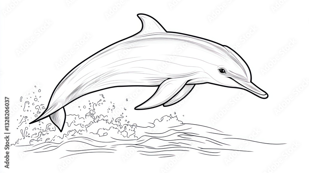 Naklejka premium Dolphin jumping out of water, profile view, simple line art, educational, for children, or biology books
