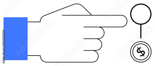Minimalist hand pointing to circle and coin with dollar symbol, conveying focus, direction, and monetary decisions. Ideal for finance, strategy, guidance, priorities, business user interaction flat