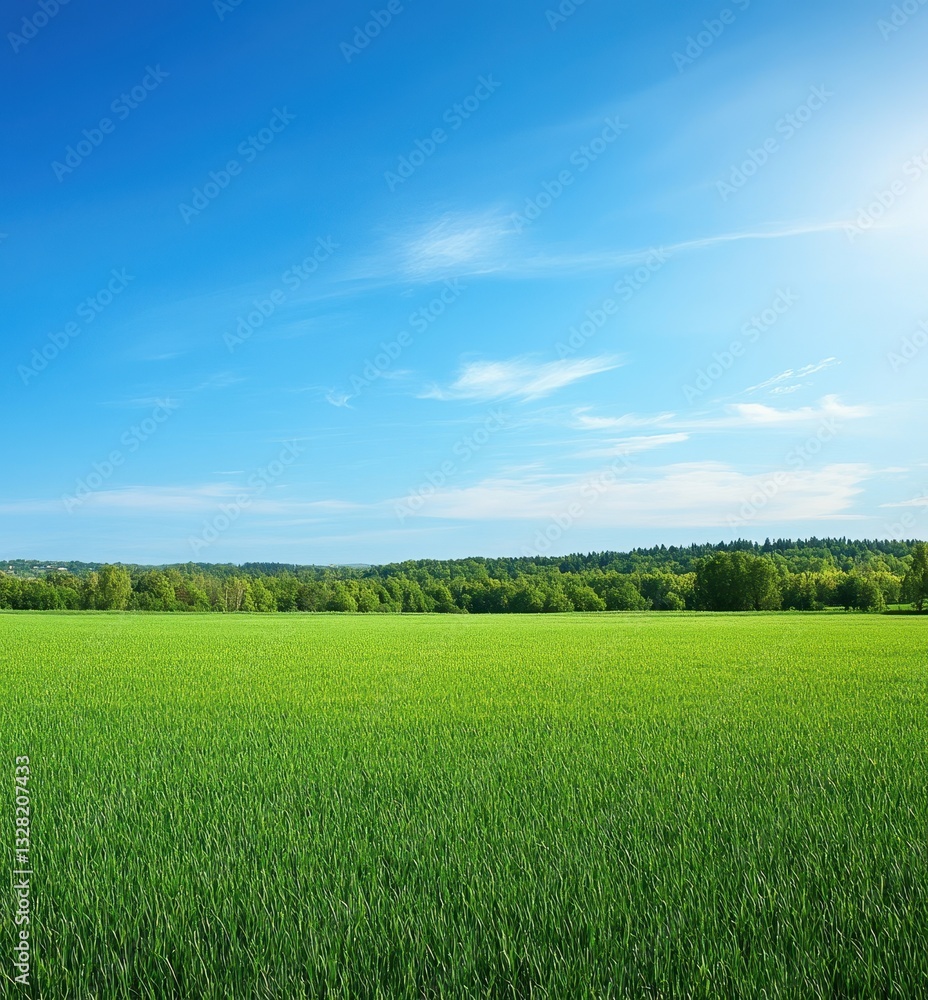 Fototapeta premium Lush Green Field Under a Clear Blue Sky with Wispy Clouds and Vibrant Trees in the Background on a Sunny Day in Nature