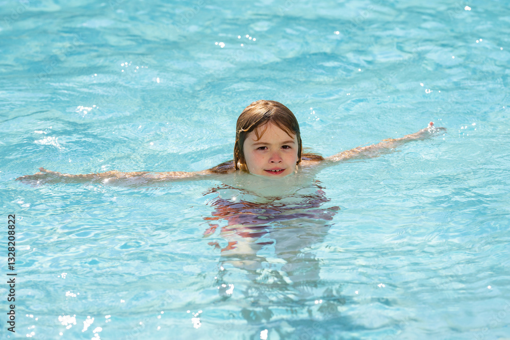 Kid enjoying summer holiday, swiming in pool. Kid having fun on summer holidays at pool. Happy kids playing on pool water. Happy Summer. Child on summer vacations play in the water. Kid enjoying summer holiday, swiming in pool. Kid having fun on summer holidays at pool. Happy kids playing on pool water. Happy Summer. Child on summer vacations play in the water.