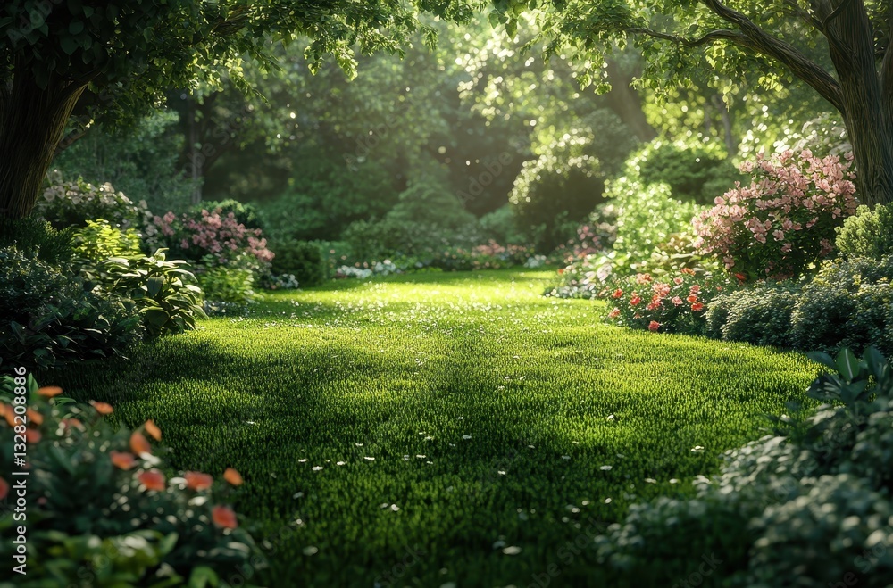 Obraz premium Lush Green Garden Scene with Vibrant Flowers and Sunlight Filtering Through Trees in a Peaceful Natural Setting