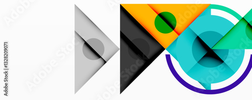 Geometric abstract design with layered triangles, circles, and gradients, forming a structured pattern with sharp contrasts and depth
