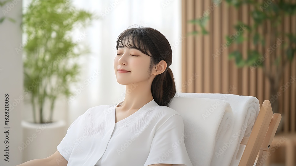 Young Woman in Relaxing Pose Enjoying Serenity in Modern Indoor Space with Greenery and Soft Lighting