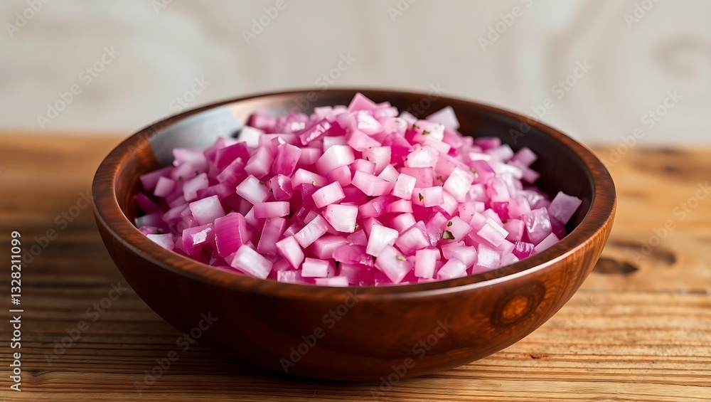 Red Onion Dice in Wooden Bowl on Table Red Onion Dice in Wooden Bowl on Table