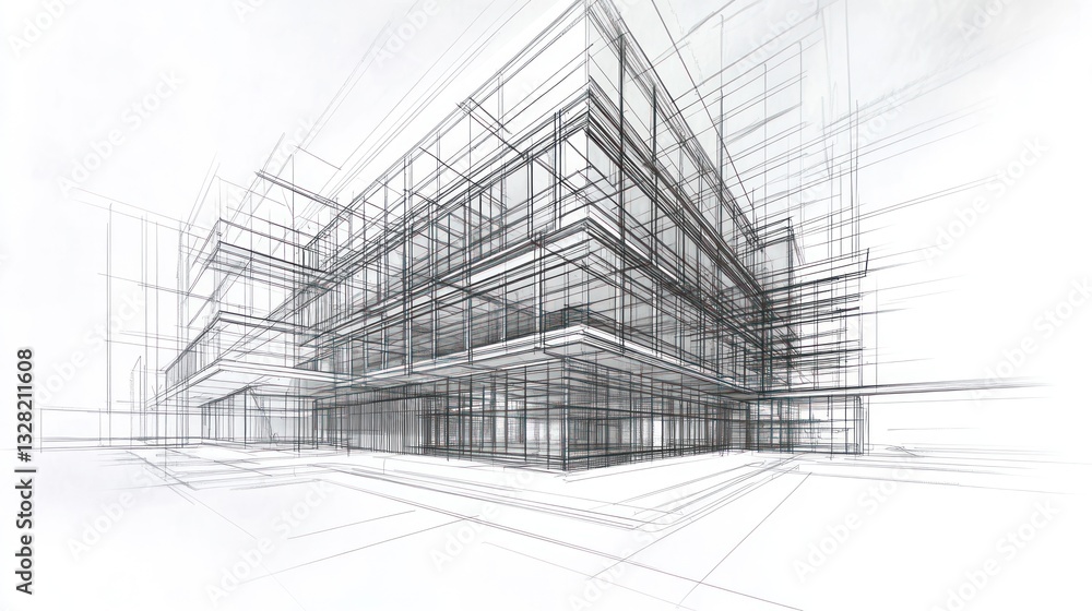 Obraz premium Architectural Building Sketch, Modern Structure, Cityscape View, for Presentation, Education, or Design