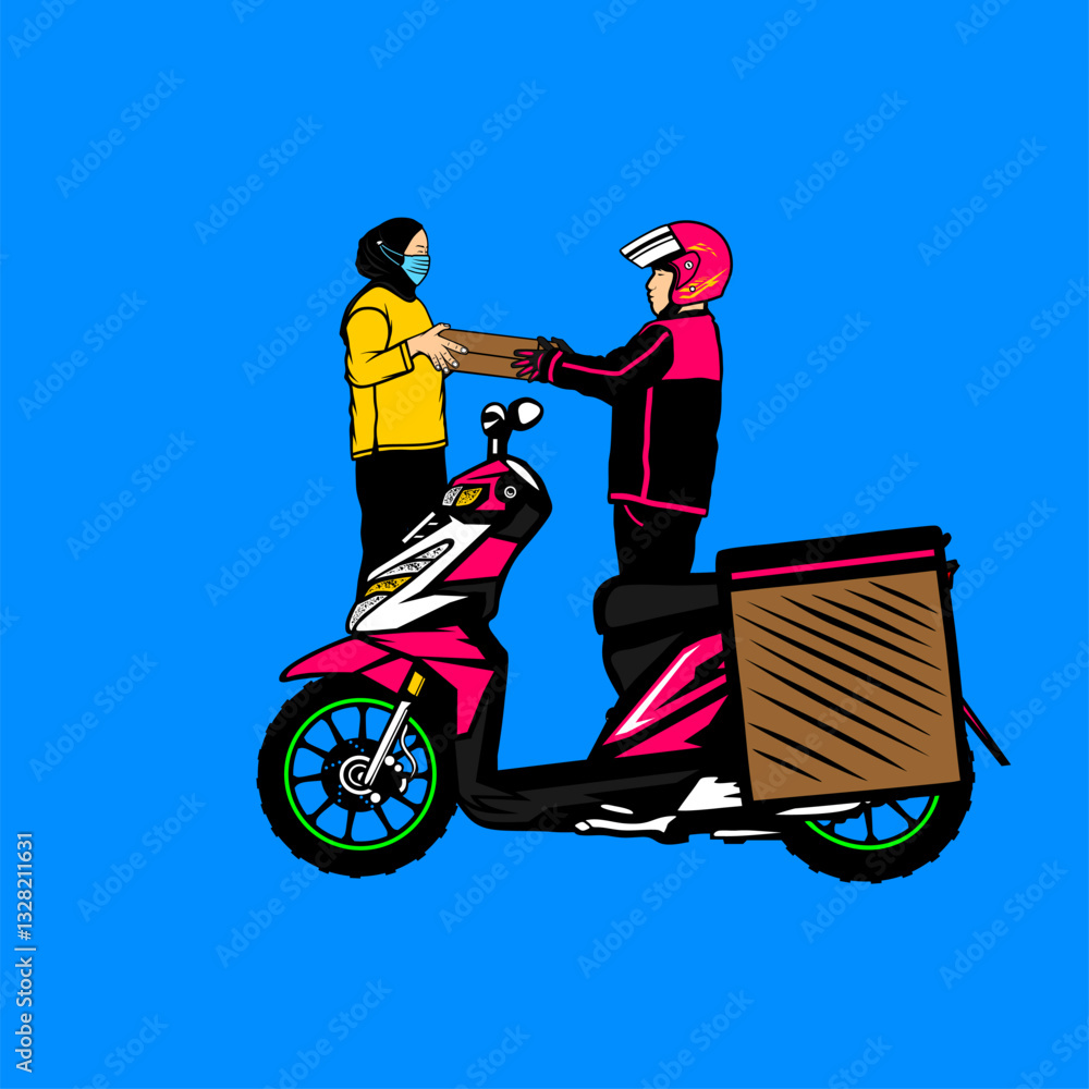 Fototapeta premium motorcycle courier delivers a customer package order vector illustration
