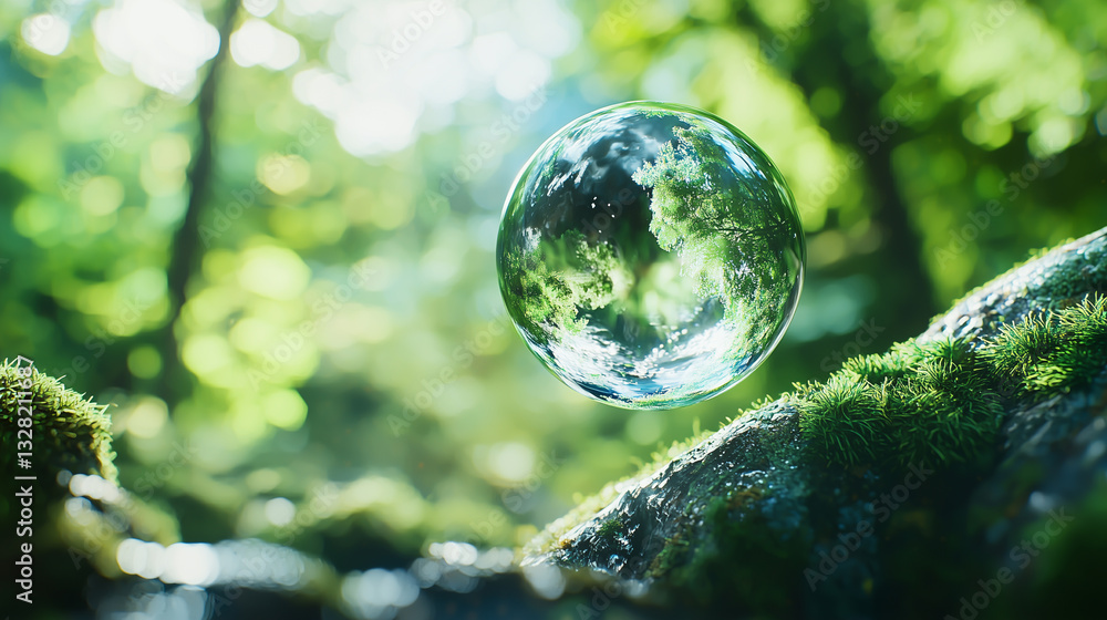 transparent floating bubble reflects lush green forest with sunlight streaming through, creating serene and magical atmosphere. bubble hovers above moss covered branches in natural setting transparent floating bubble reflects lush green forest with sunlight streaming through, creating serene and magical atmosphere. bubble hovers above moss covered branches in natural setting
