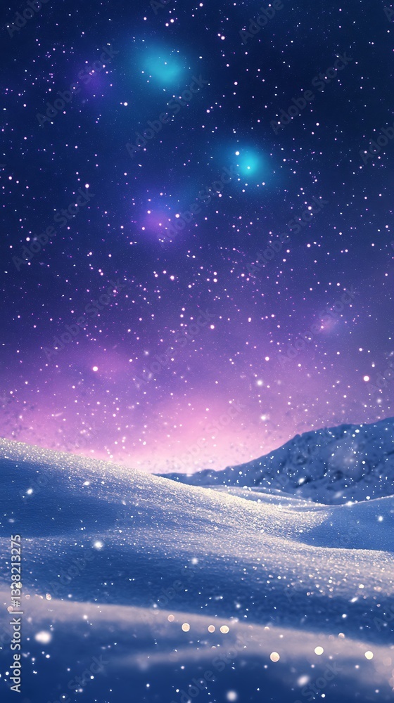 Obraz premium Magical Frosty Landscape With Snowy Hills And Starry Sky, northern borealis color theme
