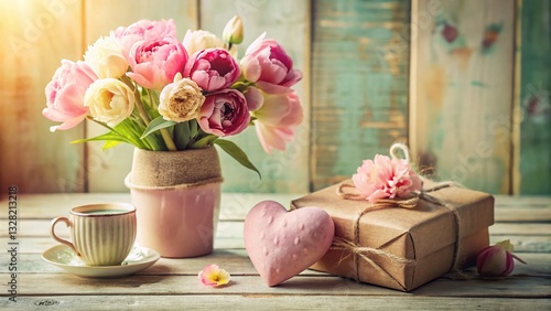 Muttertag Still Life: Flowers, Heart, and Sentimental Objects Celebrating Mothers Day