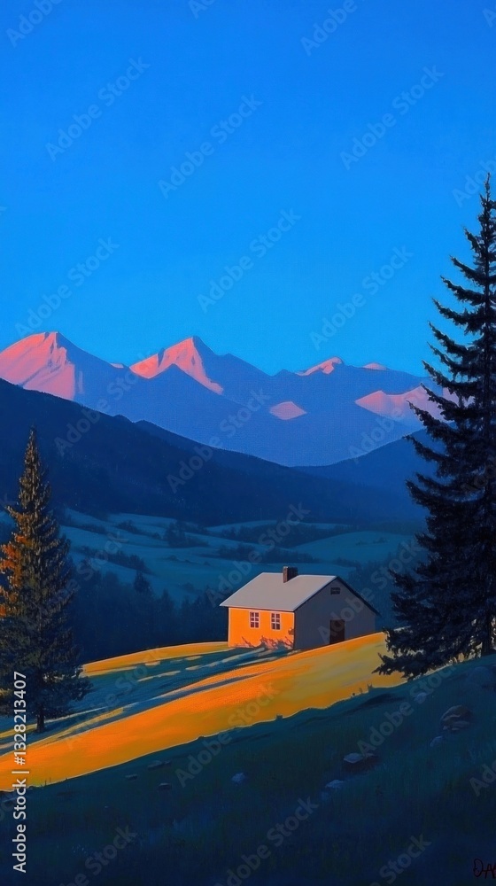 Fototapeta premium Minimal hometown and meadow at night landscape wallpaper scenery house.