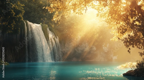Sunlit Waterfall Pool, Lush Forest, Serenity, Nature Background, Calm