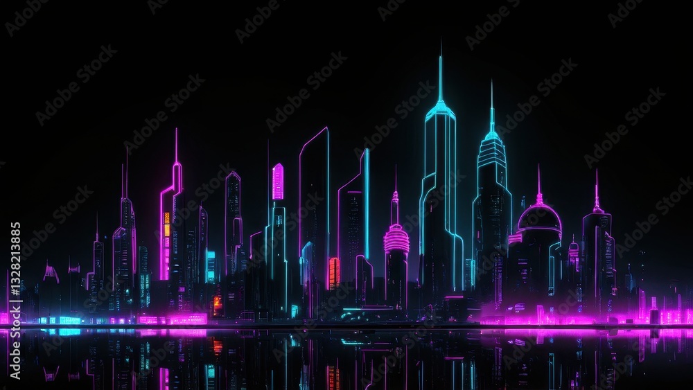 Fototapeta premium a vibrant neon cityscape reflecting on calm waters