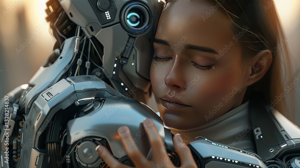 Fototapeta premium A serene embrace between a woman and a humanoid robot, blending human warmth with futuristic technology.
