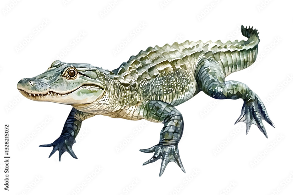 Naklejka premium Detailed Alligator Portrait with Green Scales on Transparent Background Reptilian Wildlife Creature with Sharp Teeth Walking