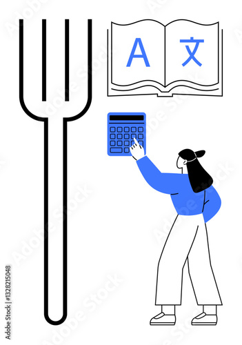 Woman interacting with calculator and open book featuring language symbols alongside large fork. Ideal for education, language learning, productivity, diet planning, balance, decision-making, flat