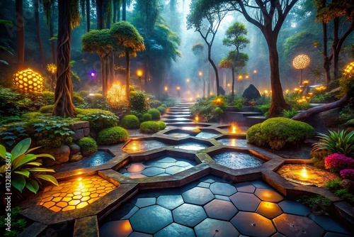 Mystical Hexagon Garden: Colorful Liquid Streams at Night