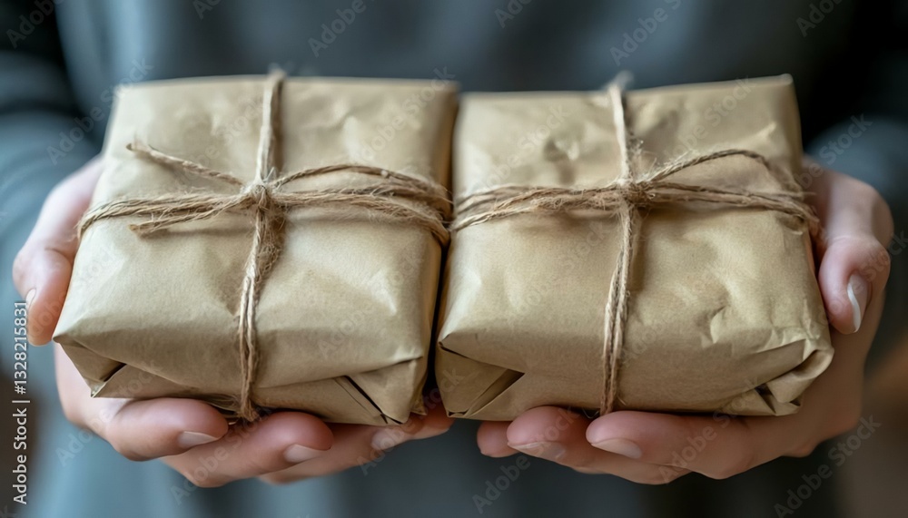 Obraz premium Hands Holding Two Wrapped Gifts in Brown Paper with Twine