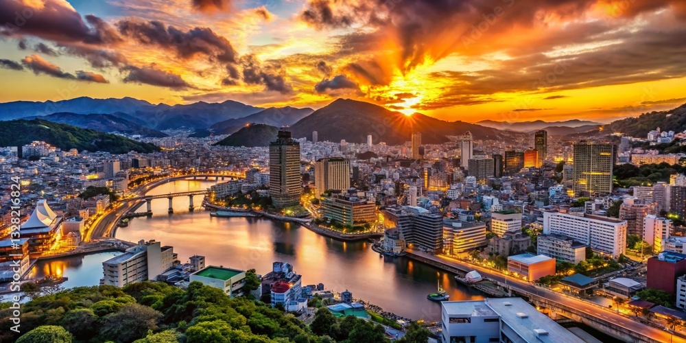 Naklejka premium Nagasaki Skyline Macro Photography: Stunning Close-Up of Cityscape Details