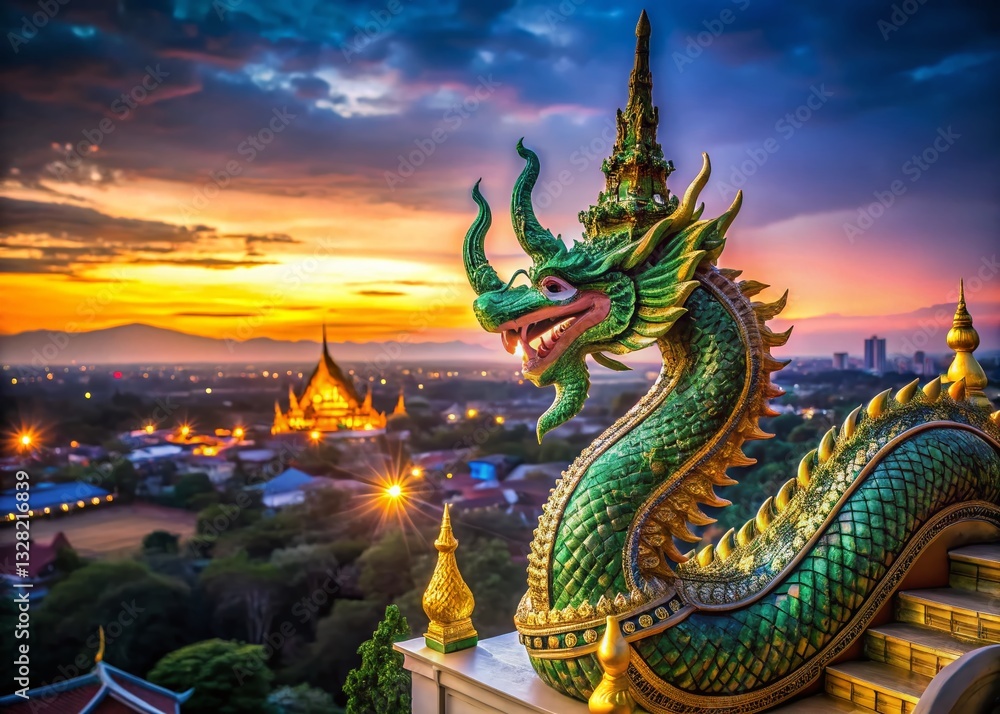 Fototapeta premium Naga Statue Wat Phayap Korat Thailand Roof Bokeh Night