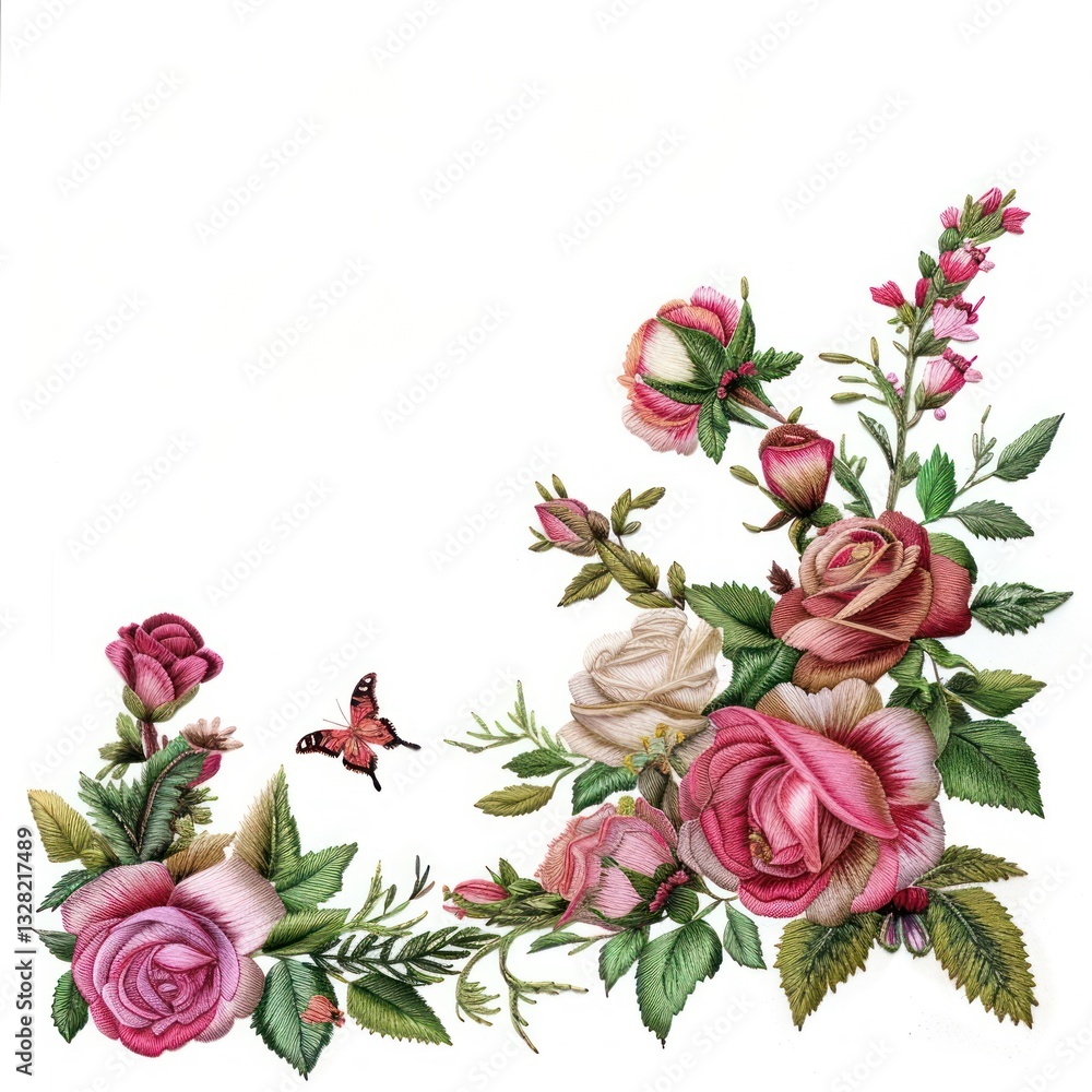 Fototapeta premium Embroidery floral framing embroidery rose illustration.