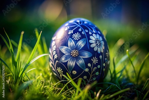 Navy Blue Easter Egg with Floral Design in Grass - Night Photography Stock Photo