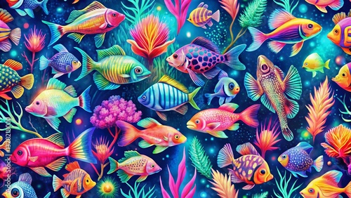 Neon Fish Aquarium Double Exposure Pattern - Stylish Exotic Background