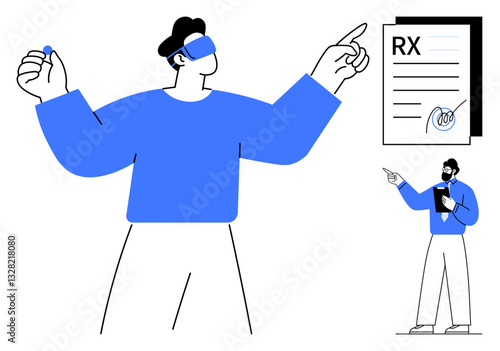 Person using VR glasses gestures at medical prescription while a doctor explains details. Ideal for healthcare, virtual reality, telemedicine, communication, innovation, technology, flat simple