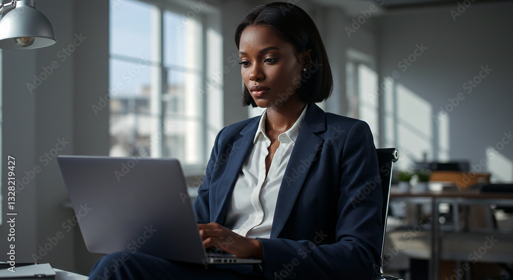 Young black businesswoman working on her laptop while sitting in the office Young black businesswoman working on her laptop while sitting in the office