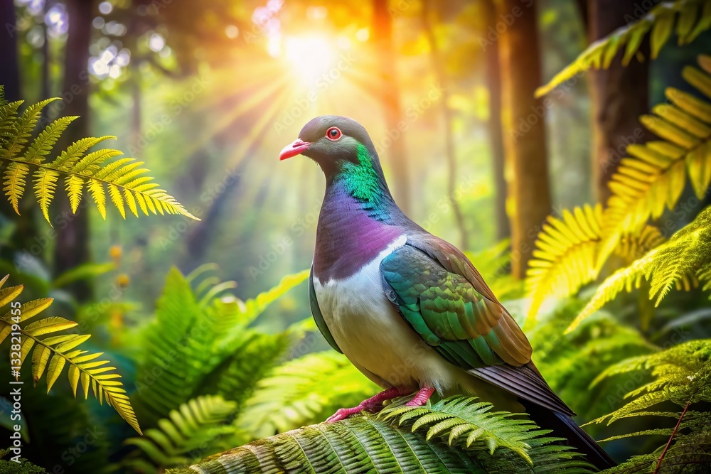 Obraz premium New Zealand Native Forest: Wood Pigeon with Bokeh Background - Stock Photo