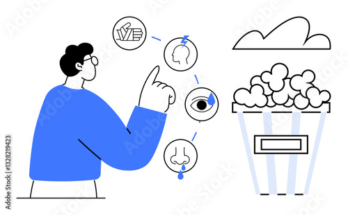 Person pointing to sensory icons representing touch, taste, smell, sight, and sound near popcorn and clouds. Ideal for sensory learning, education, experience design, food taste creativity