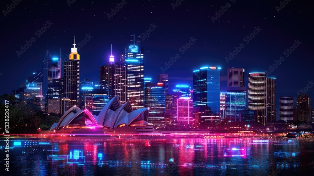 Fototapeta premium Vibrant Night Cityscape with Illuminated Buildings and Reflections