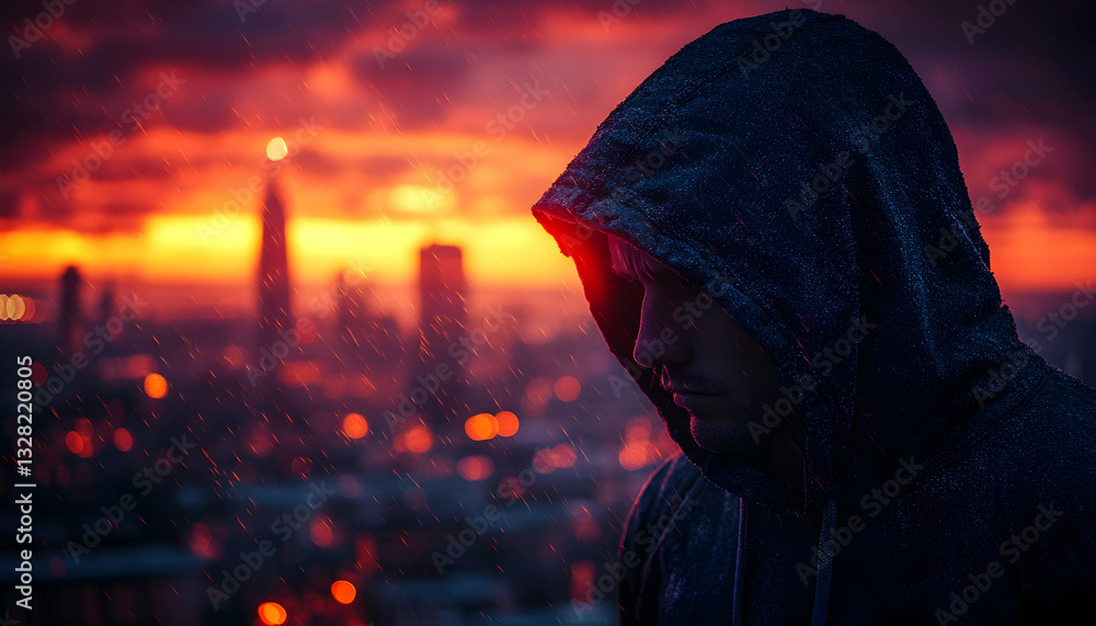 Silhouette of a person in a hoodie, gazing over a rain-swept city at sunset. Dramatic lighting and atmospheric mood Silhouette of a person in a hoodie, gazing over a rain-swept city at sunset. Dramatic lighting and atmospheric mood