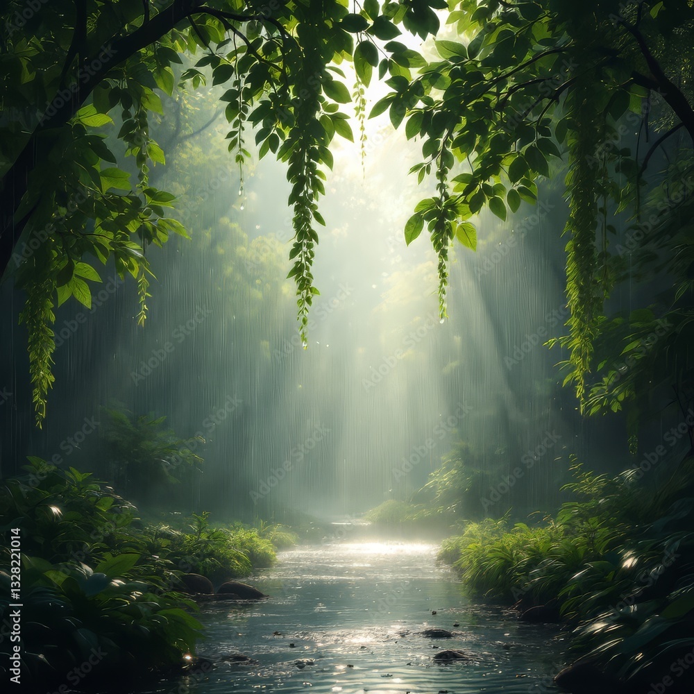 Fototapeta premium A peaceful scene shows gentle rain falling through a vibrant green forest with sunlight 