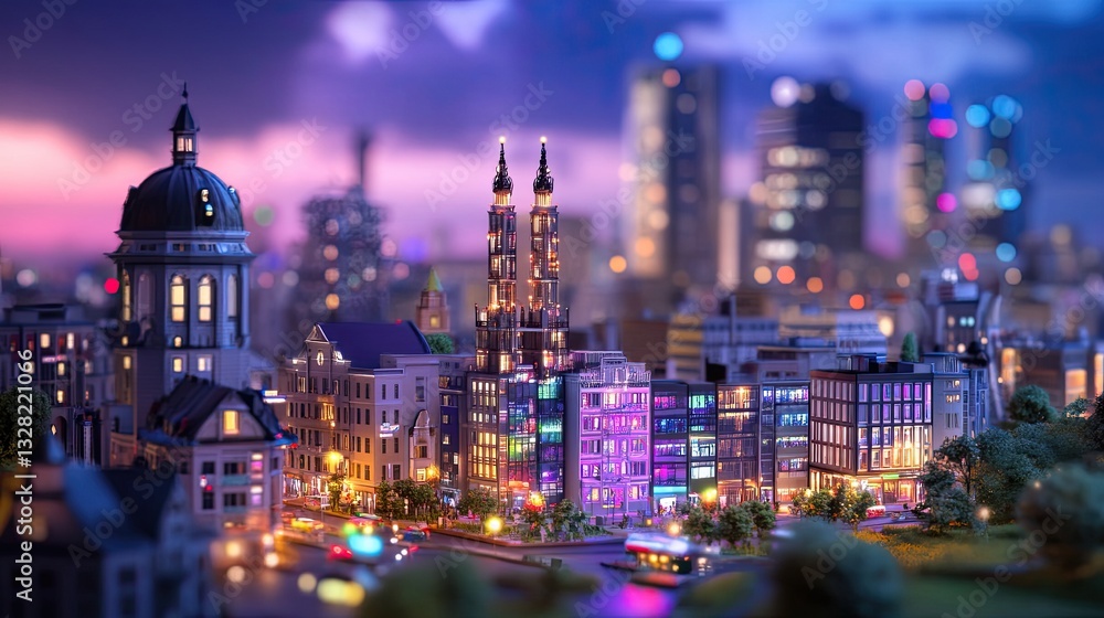 Obraz premium Miniature Cityscape at Dusk with Colorful Lights and Urban Skyline