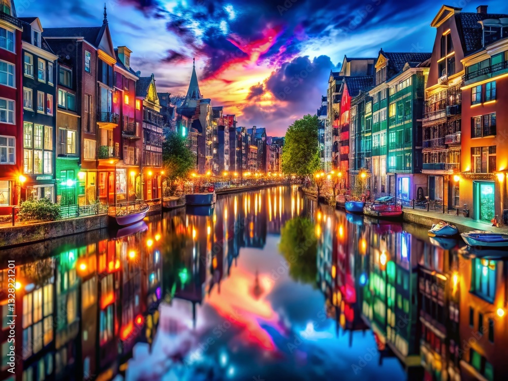 Obraz premium Night Cityscape Double Exposure: Colorful Buildings & Water Reflections