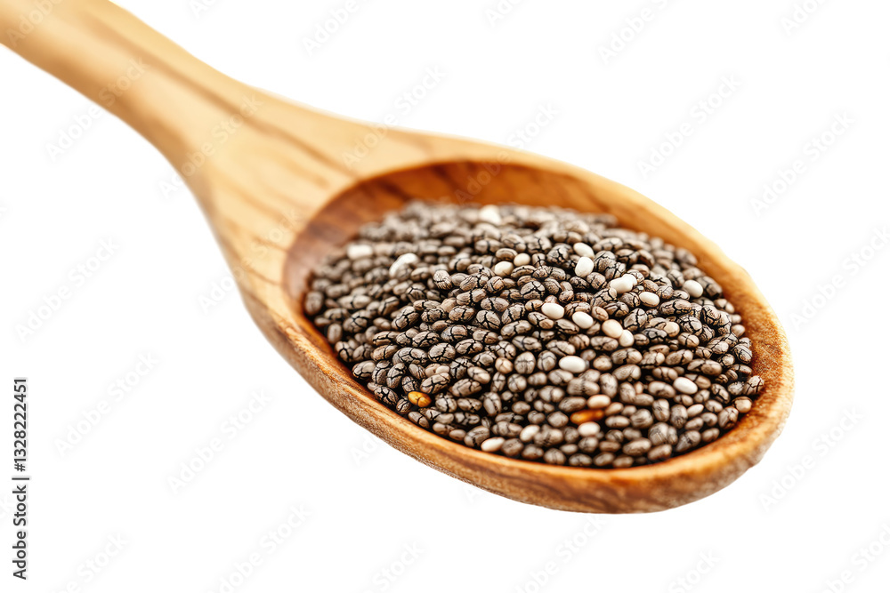 wooden spoon filled with chia seeds on transparent background