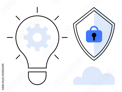 Light bulb with gear inside, shield with a lock, and a cloud below. Ideal for innovation, security, technology, cloud computing, data protection creative thinking and safety concepts. Abstract line