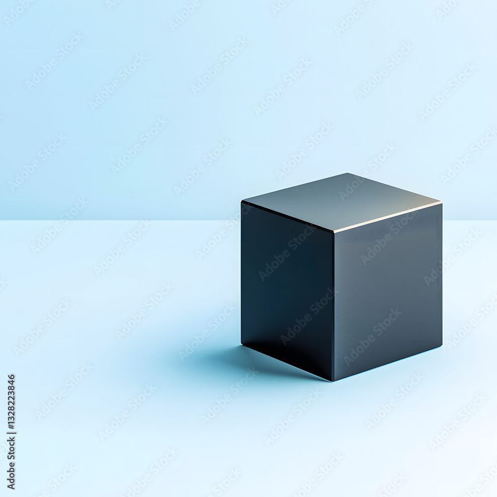 Aura Effect Shimmer Gradient. Minimalist black cube on a light blue surface.