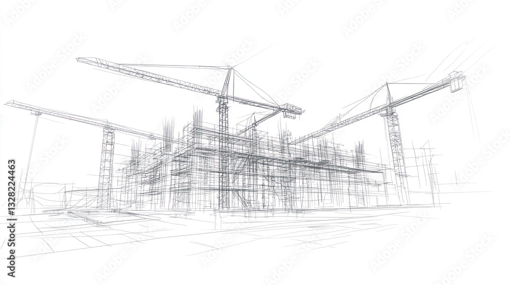 Architectural Construction Blueprint, Outline of Building Under Construction, Engineering Design, Use in Architectural Books or Presentations Architectural Construction Blueprint, Outline of Building Under Construction, Engineering Design, Use in Architectural Books or Presentations